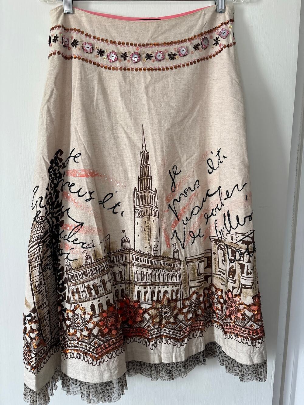 Basil & Maude Linen Blend Paris Themed A-Line Skirt Sequins Size 4